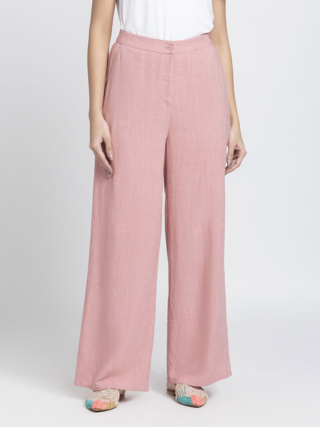 

SHAYE Pink High-Rise Solid Wide Leg Casual Trousers For Women