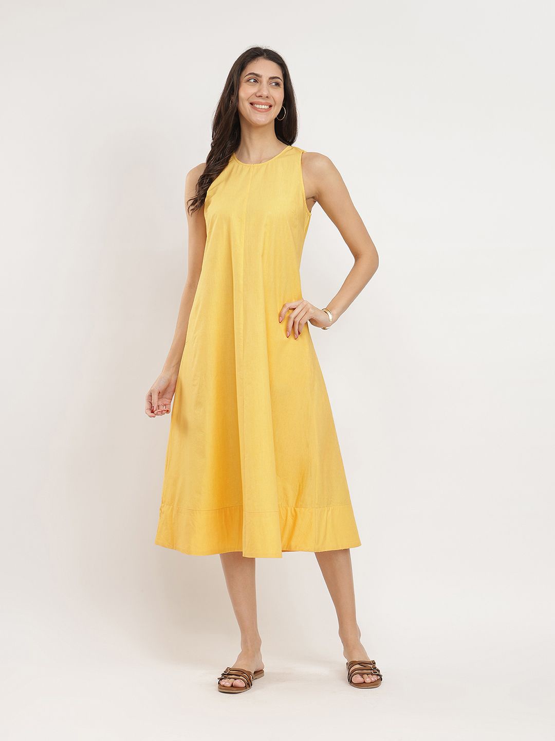

Pink Fort Cotton Solid A-Line Dress, Yellow