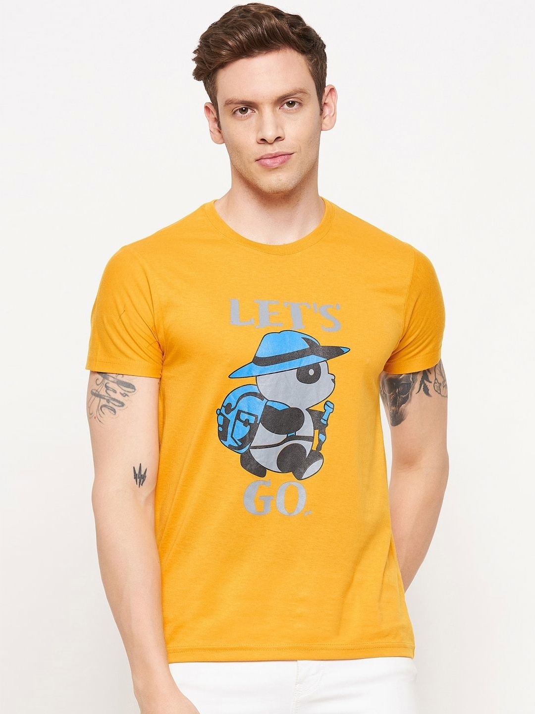 

LYCOS Men Graphic Printed Round Neck Cotton T-shirt, Mustard