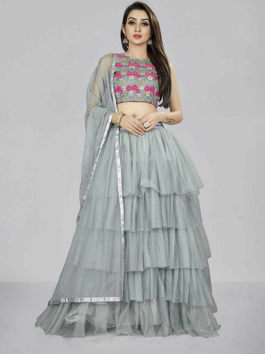 

DIVASTRI Floral Embroidered Semi-Stitched Lehenga & Unstitched Choli With Dupatta, Grey