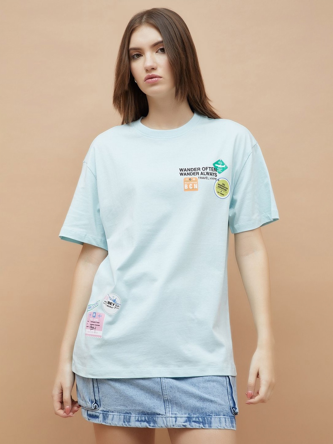 

Ginger by Lifestyle Women Graphic Printed Round Neck Cotton T-shirt, Blue