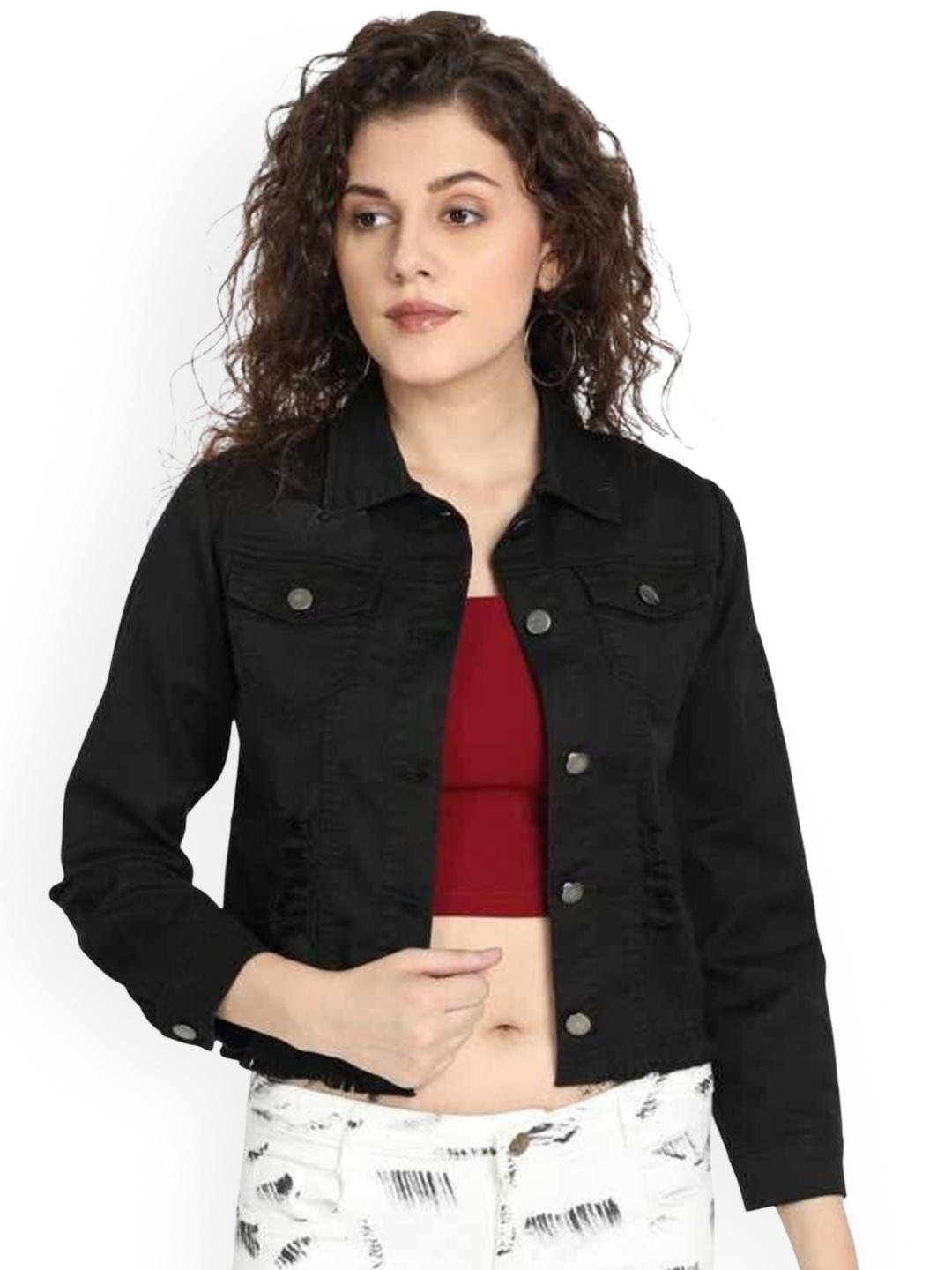 

KASHIAN Women Spread Collar Solid Casual Denim Jacket, Black