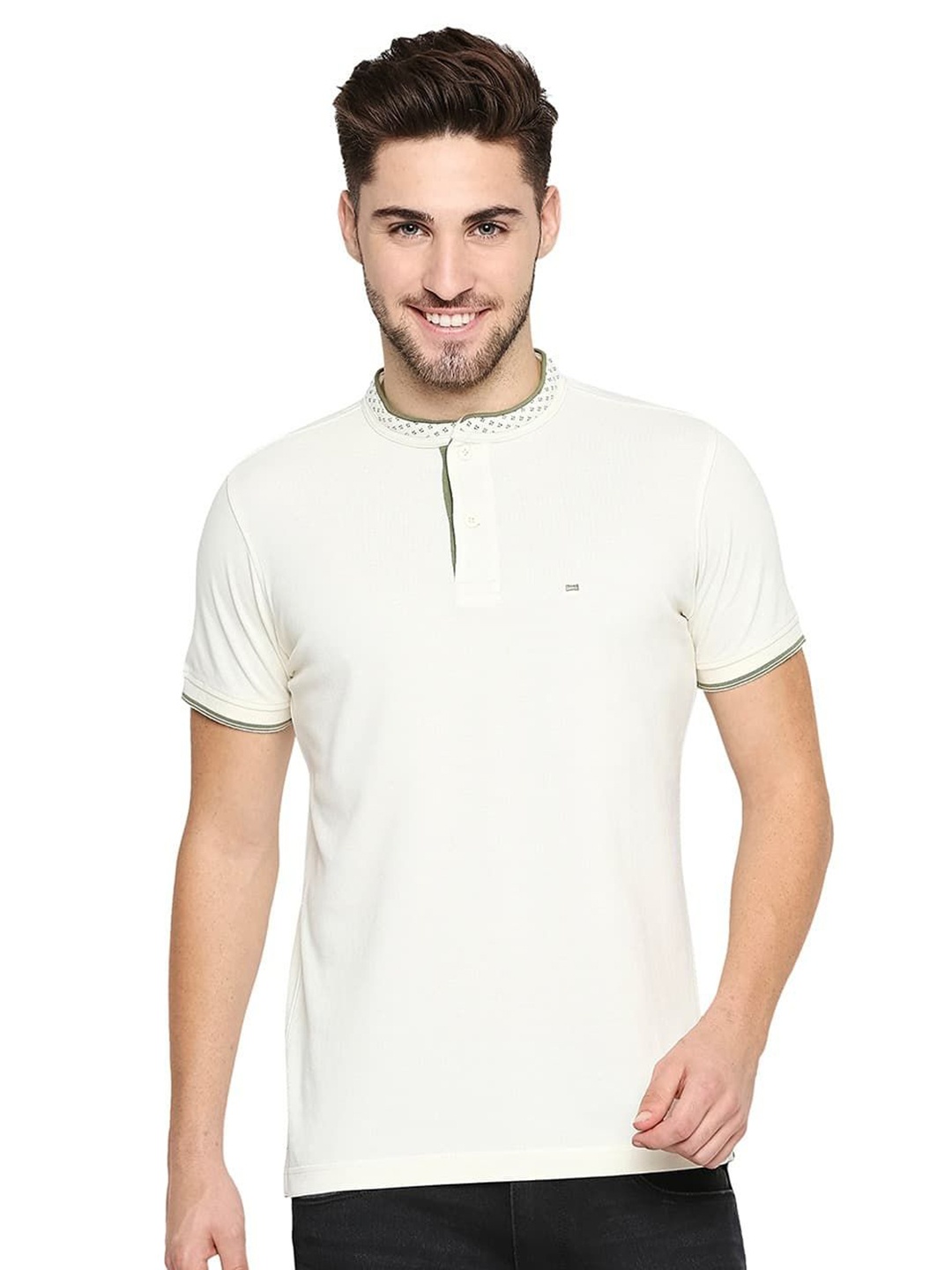 

Basics Men Solid Mandarin Collar Cotton Boxy T-shirt, Cream