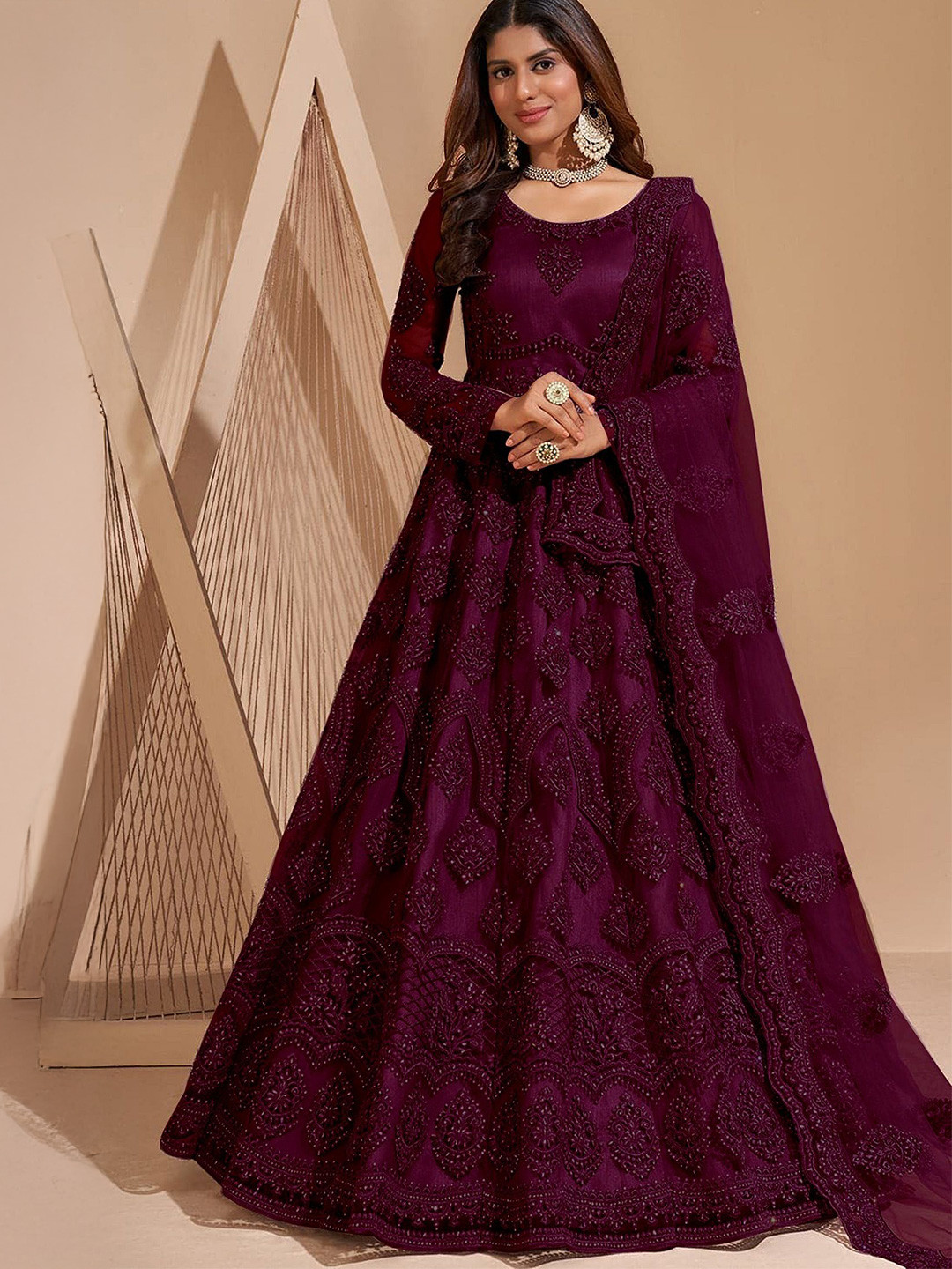 

JULEE Embroidered Net Semi-Stitched Gown With Dupatta, Purple
