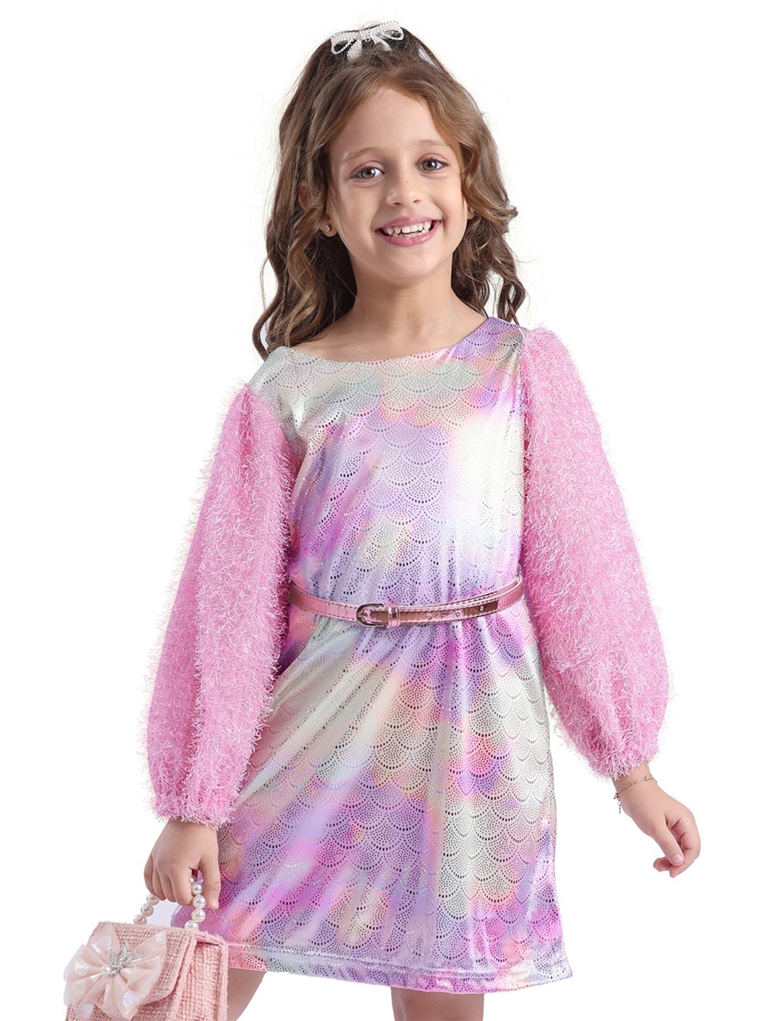 

Hola Bonita Girls Self Design Frills Puff Sleeve Fit & Flare Dress, Pink