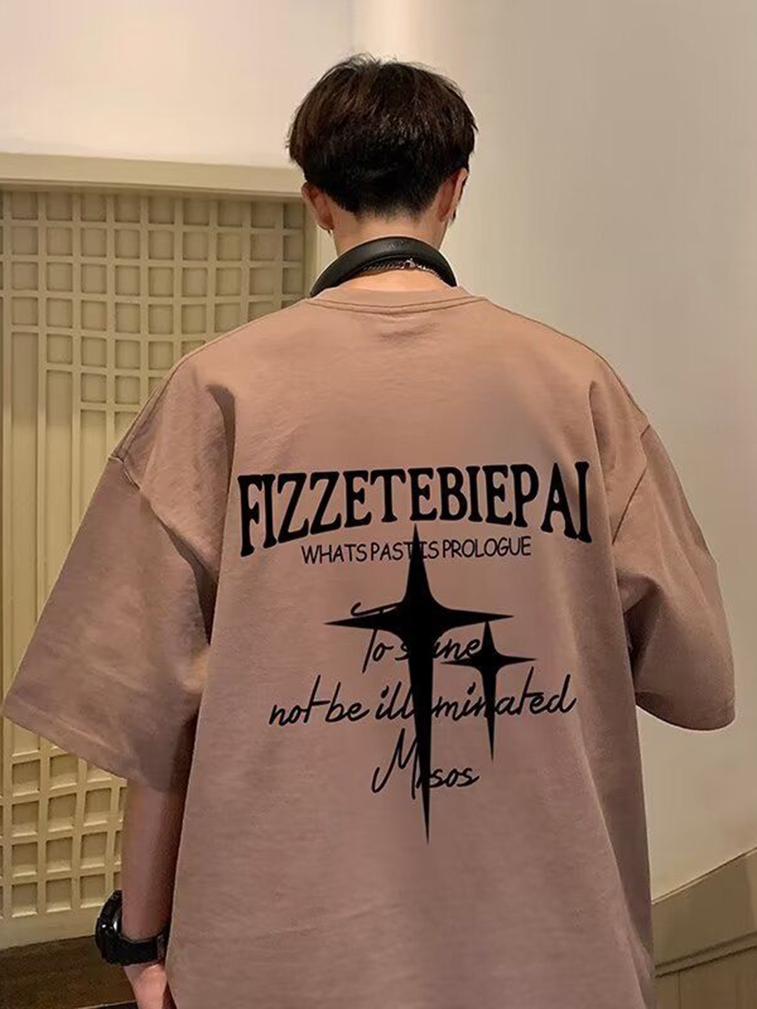 

HERE&NOW Men Typography Printed Round Neck Cotton Oversized T-shirt, Brown