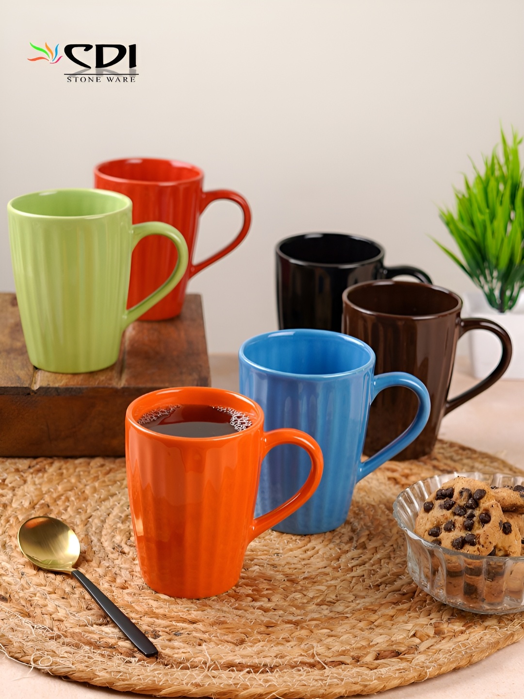 

CDI Orange & Blue 6 Pieces Textured Ceramic Glossy Mugs 300 ml Each