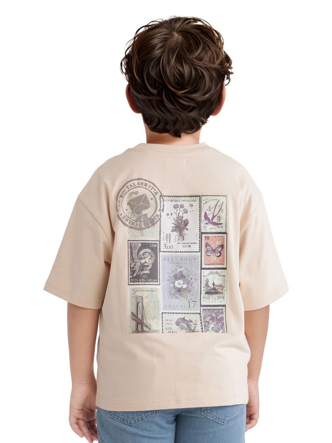 

RARE ONES Boys Graphic Printed Round Neck Cotton Oversized T-shirt, Beige