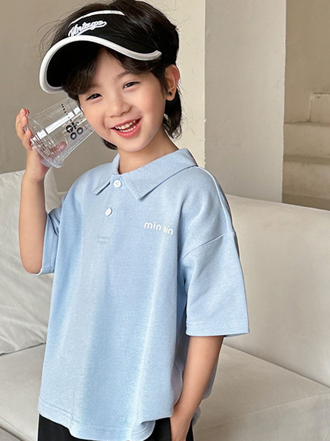 

LULU & SKY Boys Solid Polo Collar Cotton Oversized T-shirt, Blue
