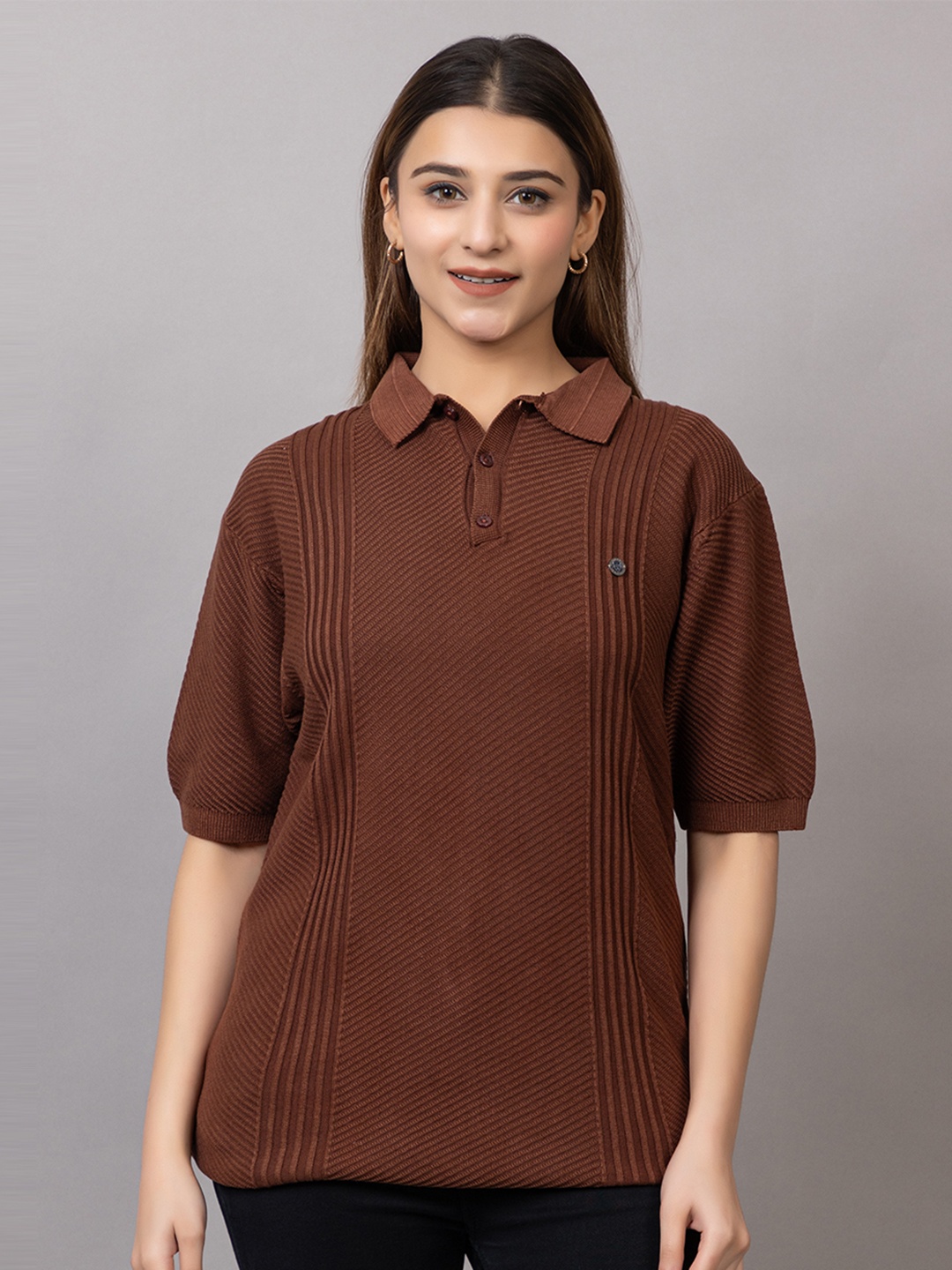 

Wool's Kart Women Self Design Polo Collar T-shirt, Brown