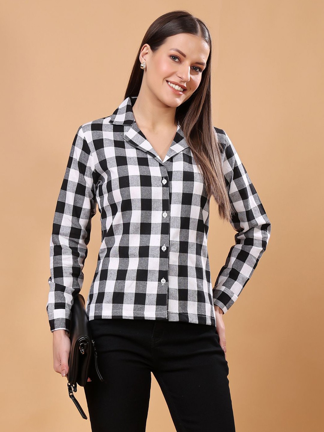

Moda Rapido Women Classic Shepherd Checks Semi Sheer Checked Formal Shirt, Black