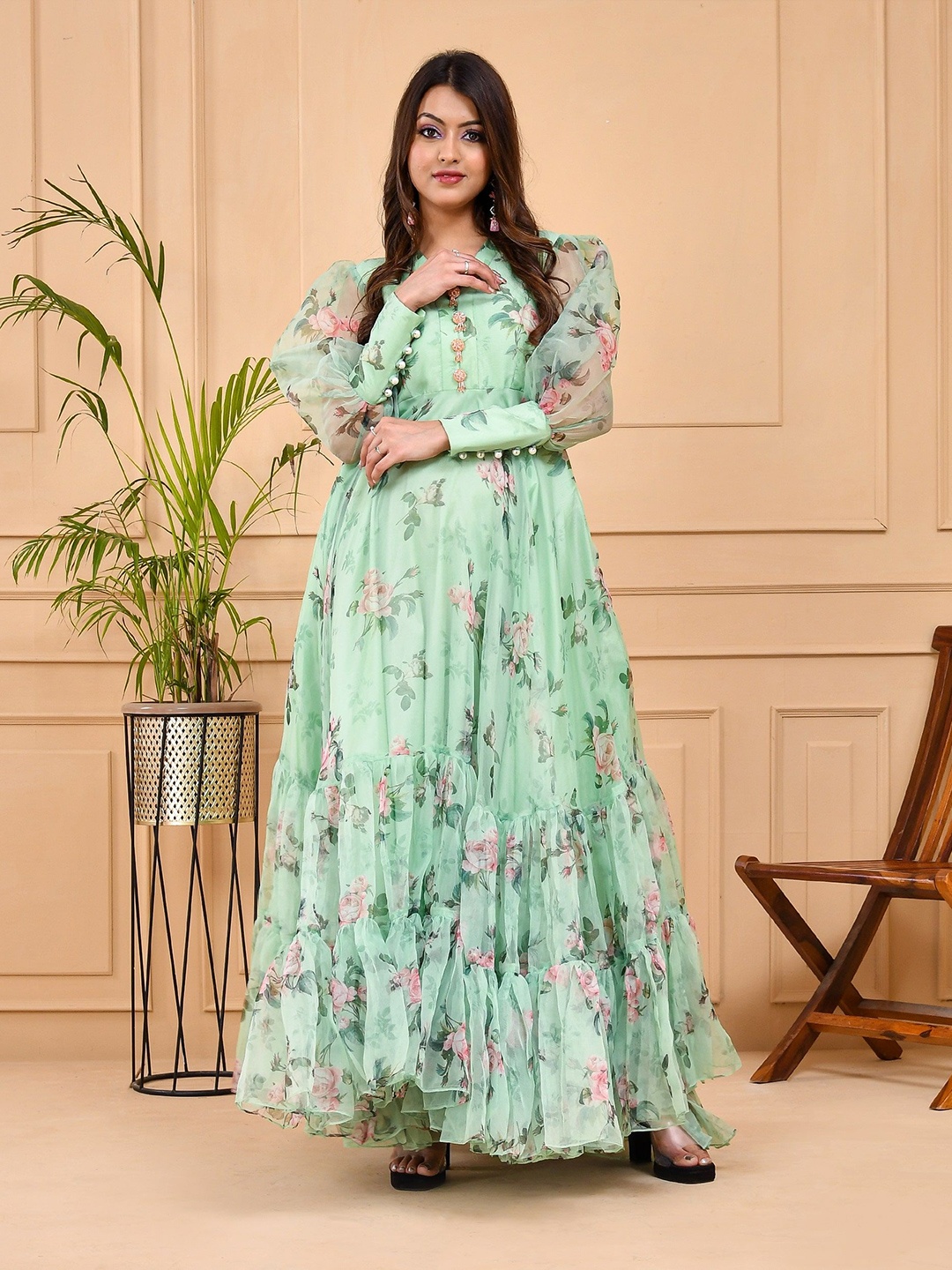 

DRESENCE Floral Print Layered Fit & Flare Maxi Dress, Green