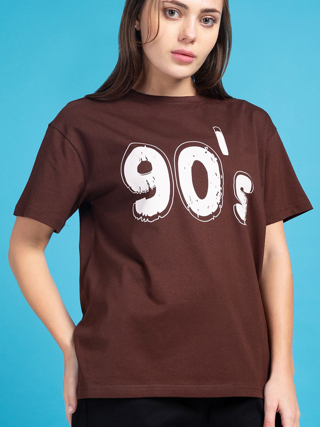 

Mast & Harbour Women Graphic Printed Round Neck Cotton T-shirt, Coffee brown