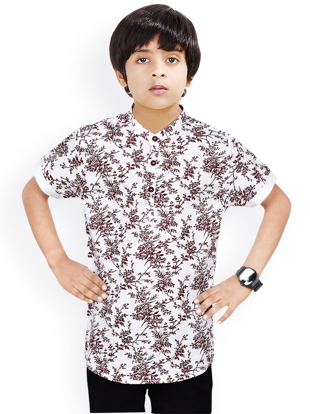 

MADE IN THE SHADE Boys Floral Printed Band Collar Pure Cotton Short Kurta, White