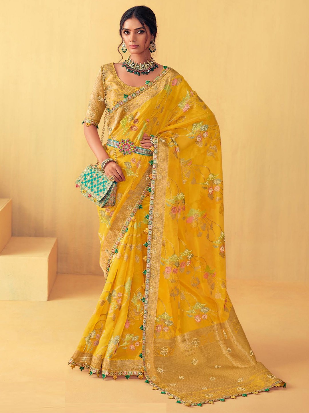 

MAHALASA Floral Beads and Stones Art Silk Handloom Saree, Yellow