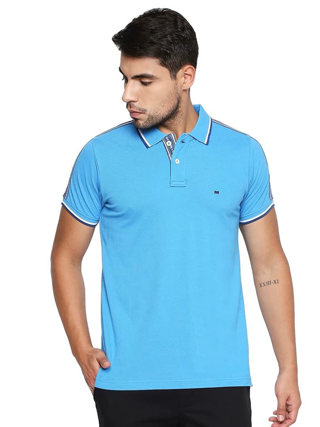 

Basics Men Solid Polo Collar Cotton T-shirt, Blue