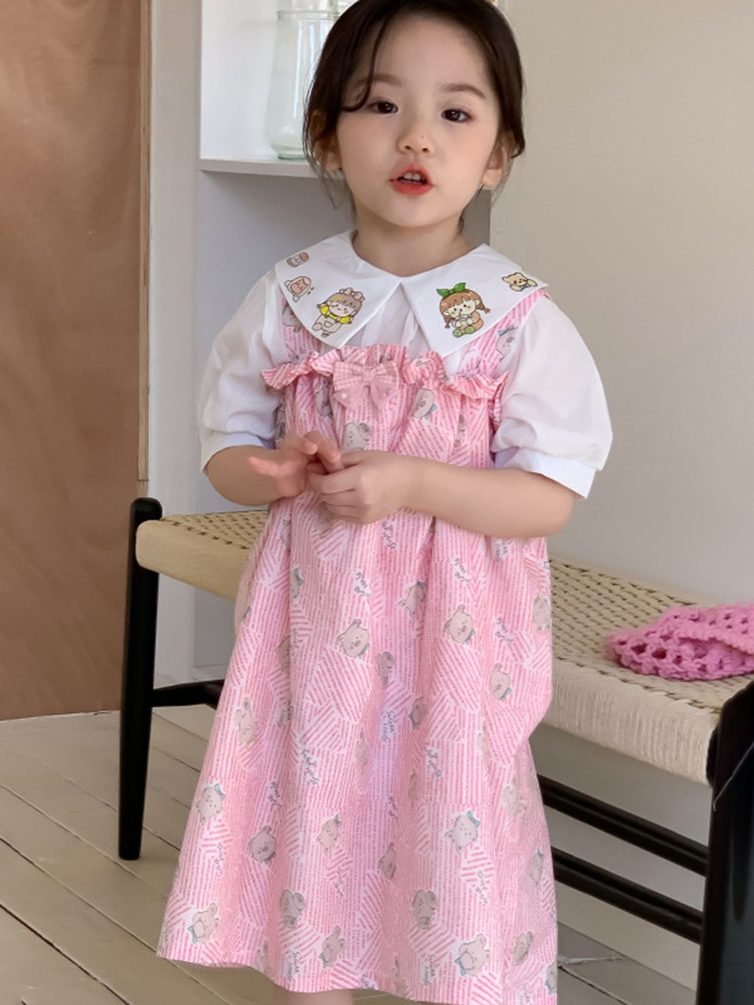 

LULU & SKY Girls Printed Peter Pan Collar Midi Pinafore Dress, Pink