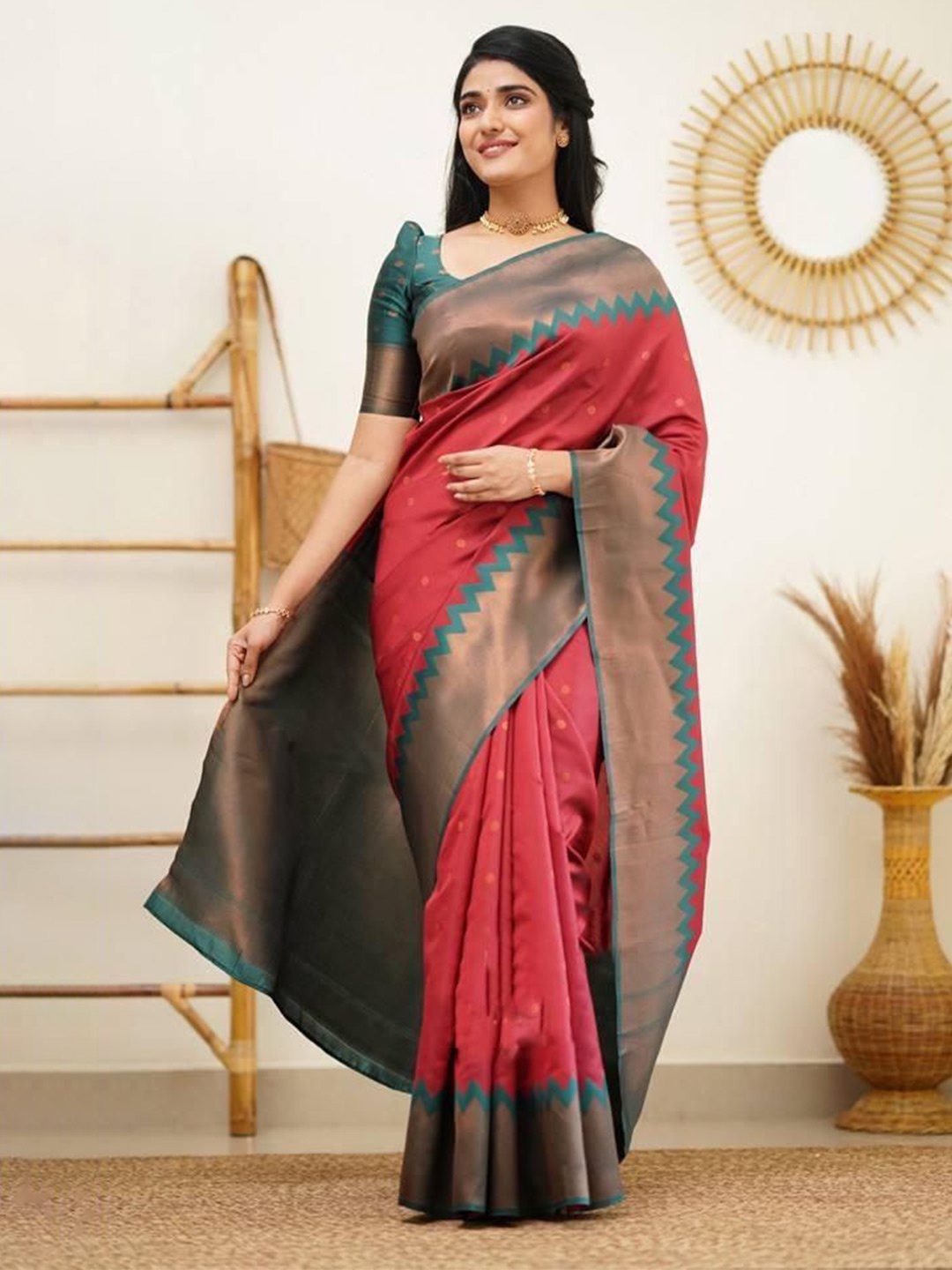 

Aika Woven Design Zari Pure Silk Banarasi Saree, Red