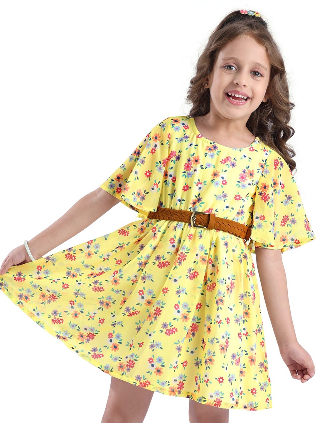 

Hola Bonita Girls Floral Printed Round Neck Flared Sleeve Fit & Flare Dress with Belt, Yellow