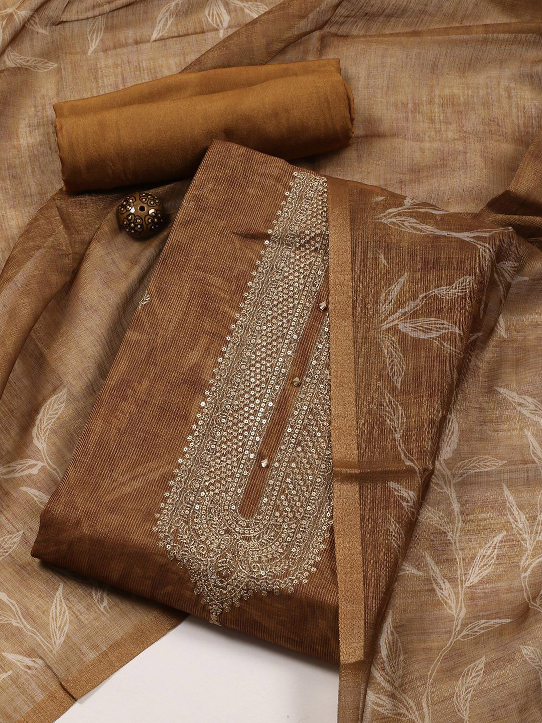 

Meena Bazaar Floral Embroidered Zari Unstitched Dress Material, Brown