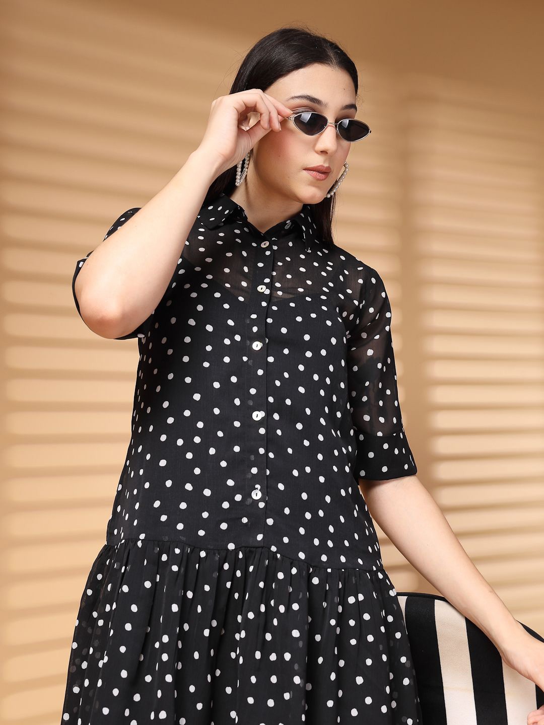 

EVERYDAY by ANI Polka Dot Print Chiffon Shirt Dress, Black