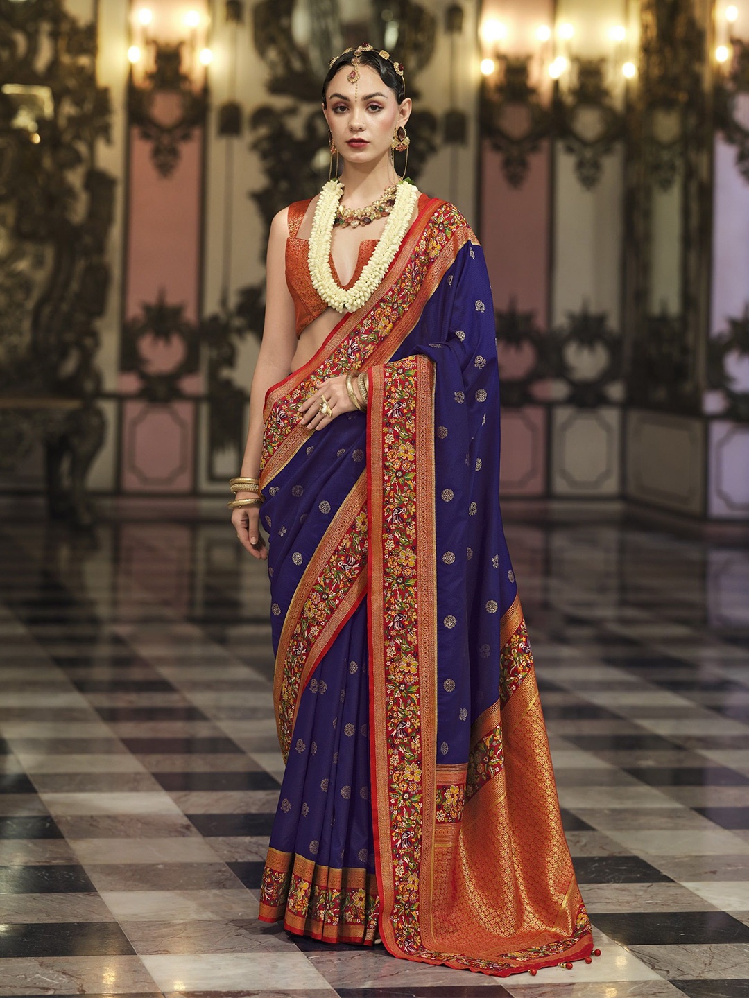 

MAHALASA Woven Design Zari Pure Silk Kanjeevaram Saree, Navy blue