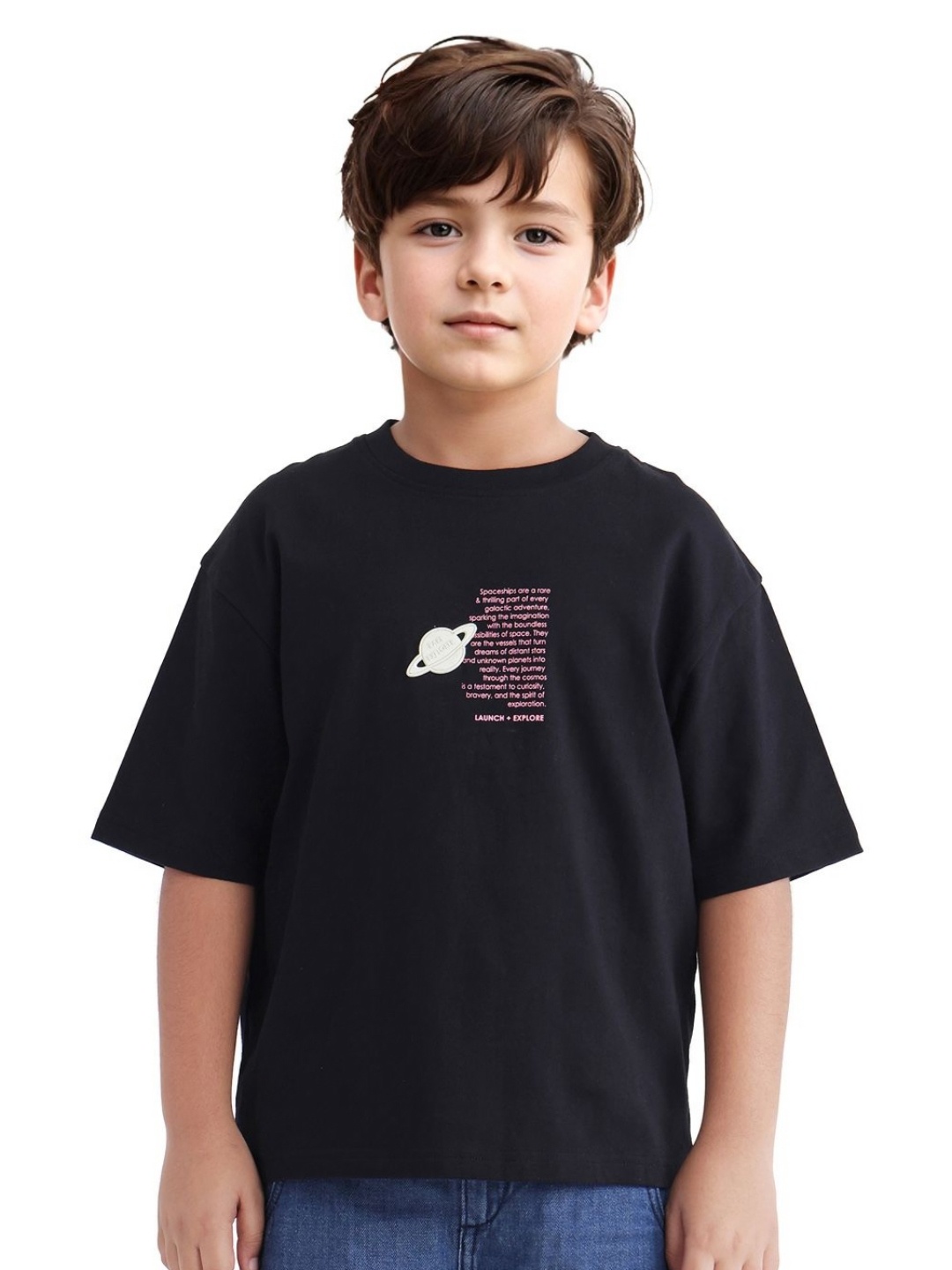 

RARE ONES Boys Typography Printed Round Neck Cotton Oversized T-shirt, Black