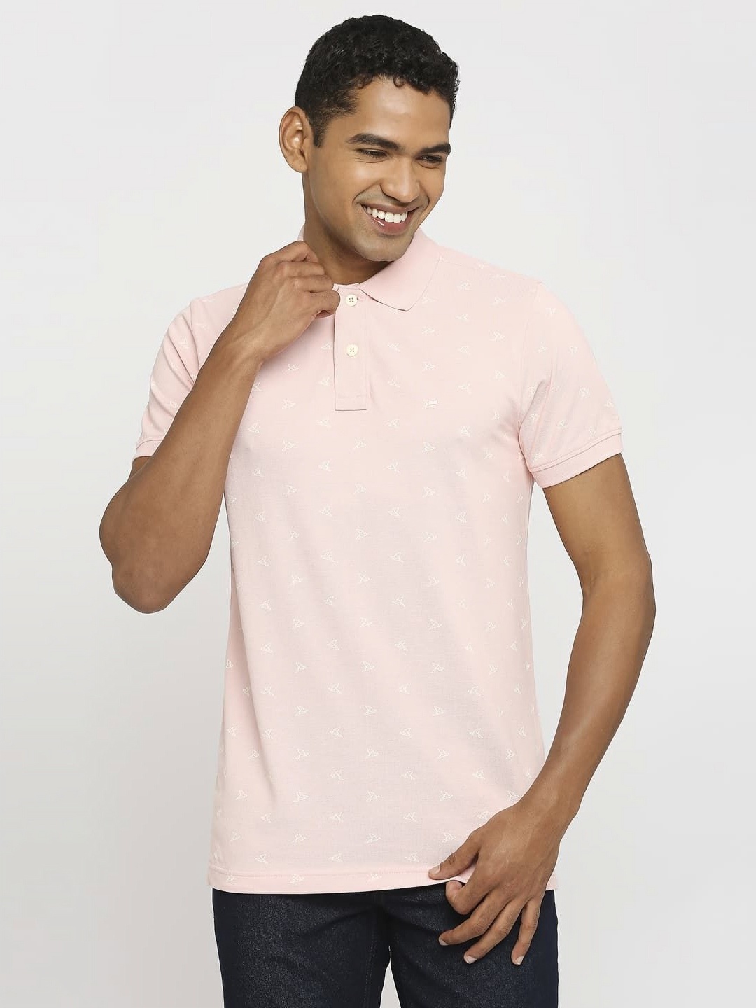 

Basics Men Abstract Printed Polo Collar Cotton Boxy T-shirt, Pink