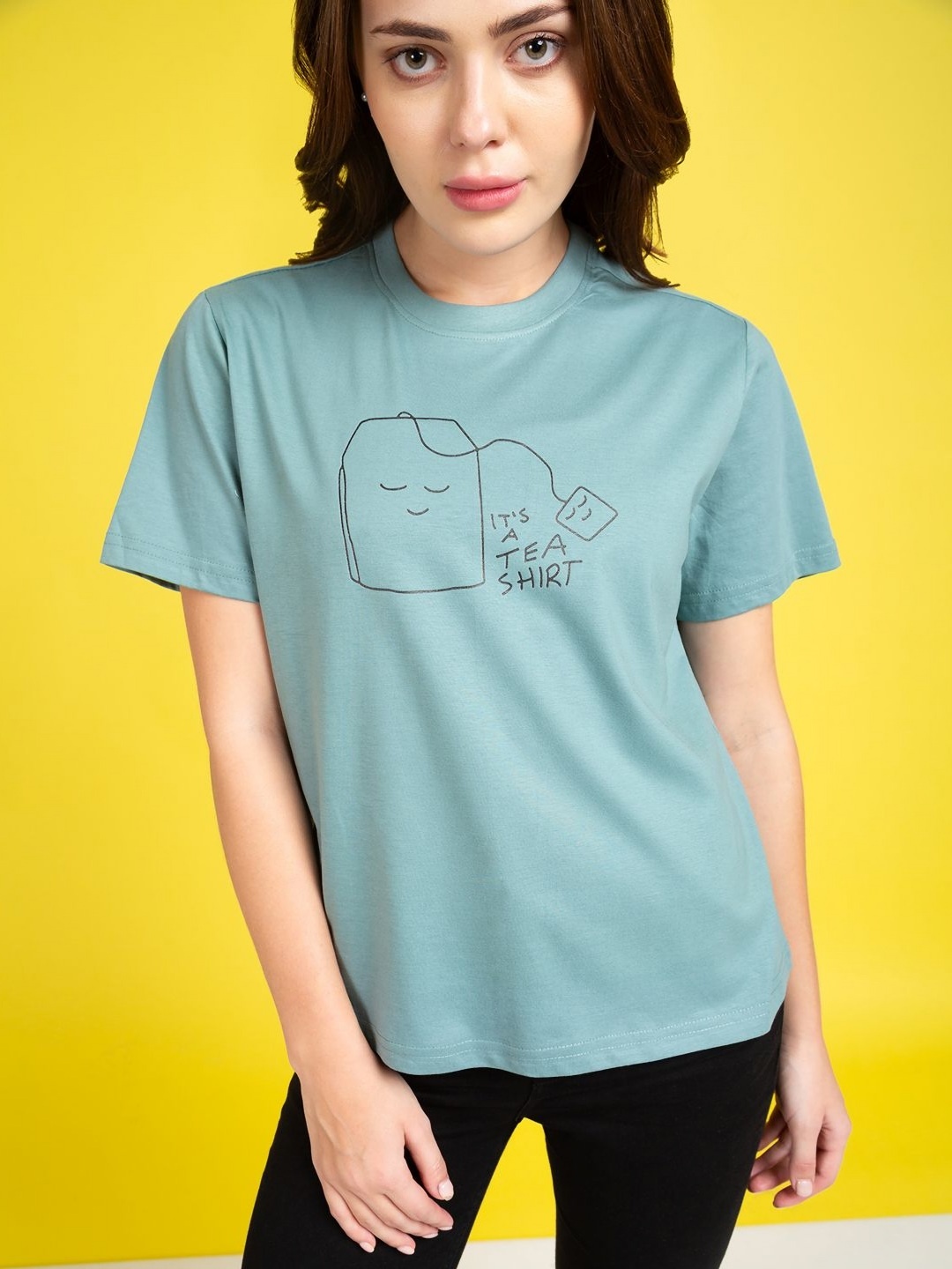 

Mast & Harbour Women Graphic Printed Round Neck Cotton T-shirt, Sea green