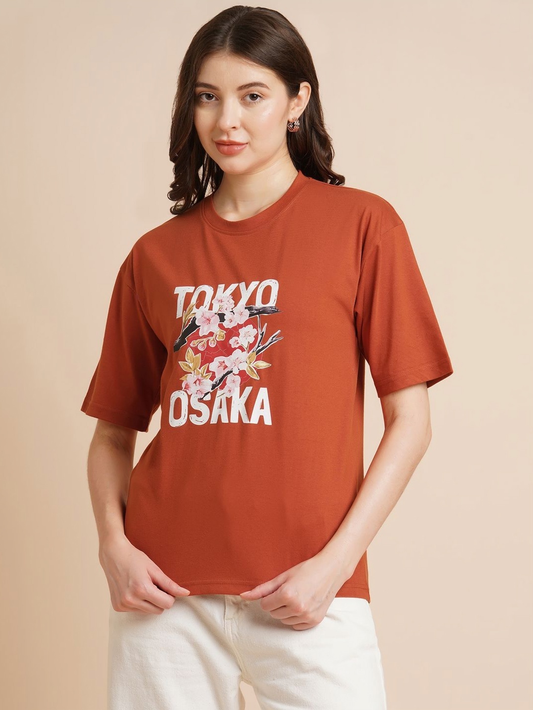 

ANJIR Women Typography Printed Round Neck T-shirt, Rust