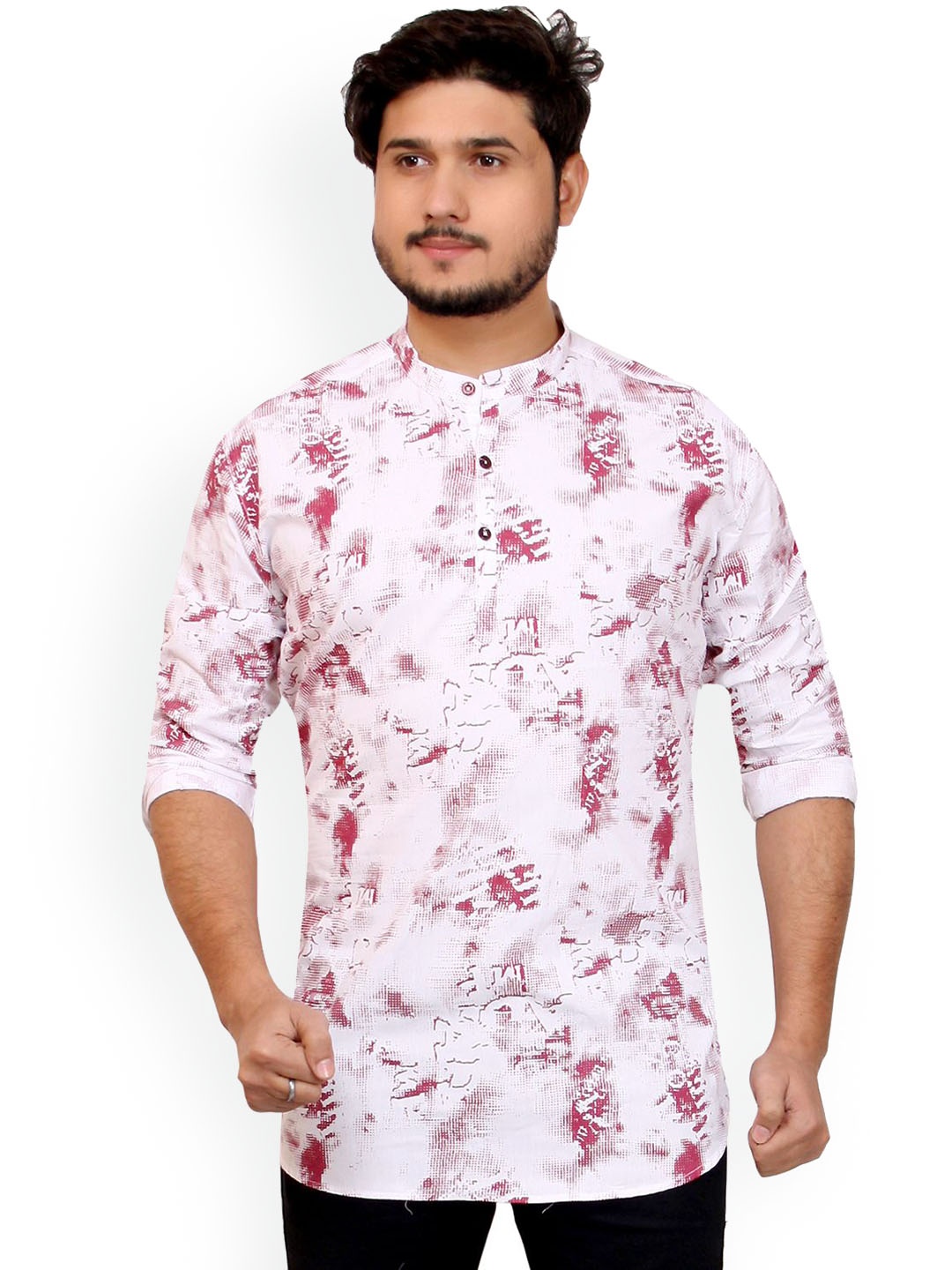 

MADE IN THE SHADE Abstract Printed Band Collar Pure Cotton Straight Kurta, White