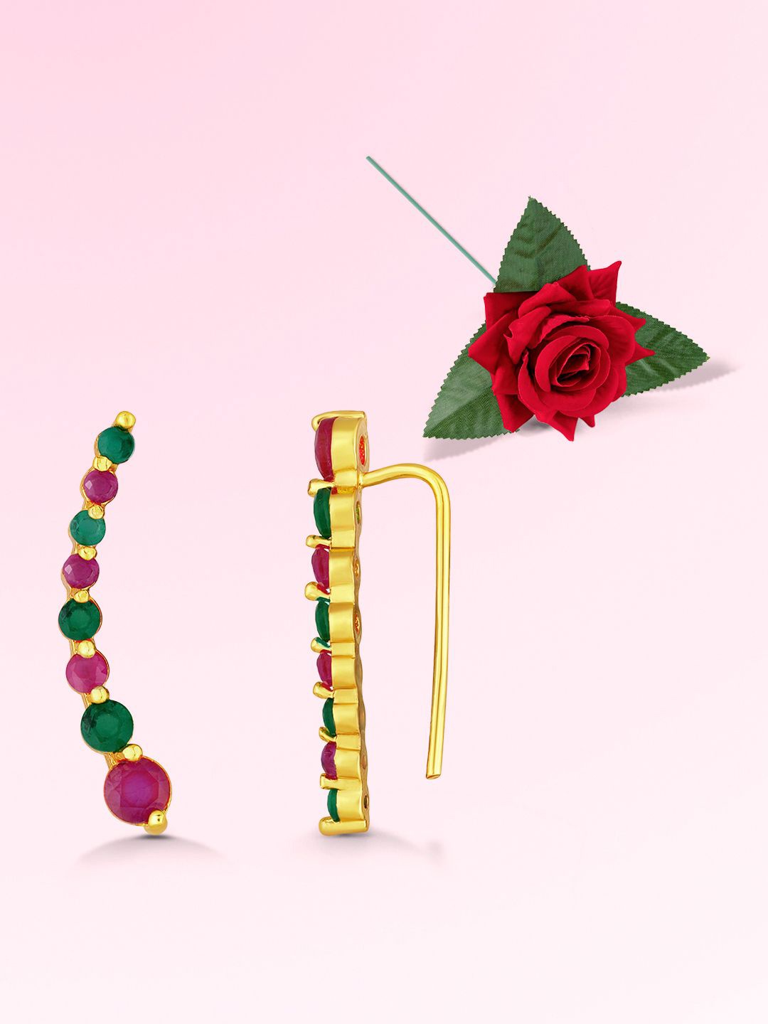 

Peora Gold -Plated Cubic Zirconia Studded Ear Cuff With Red Rose Gift Set, Pink