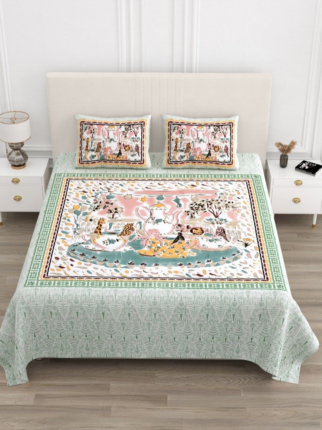 

JAIPUR FABRIC Green & White Floral 210 TC King Bedsheet with 2 Pillow Covers