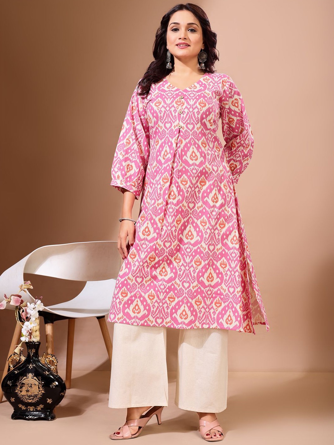 

KALINI Ethnic Motifs Printed Pure Cotton V-Neck A-Line Kurta With Palazzos, Pink