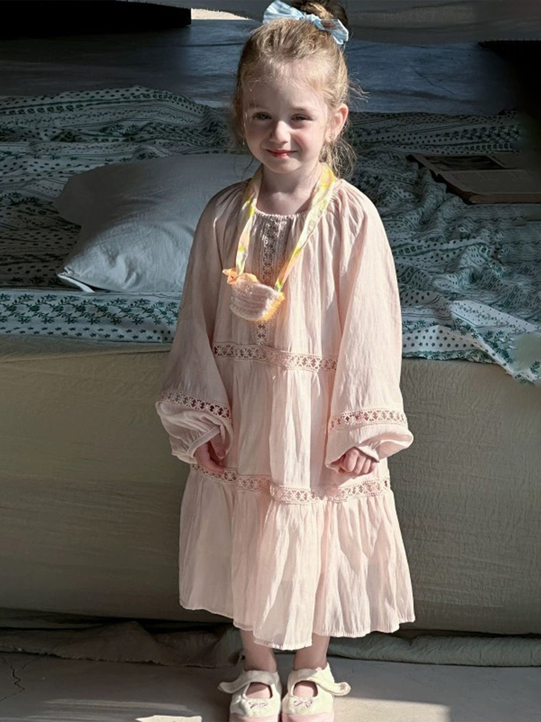 

LULU & SKY Girls Tiered Puff Sleeves A-Line Midi Dress With Lace Details, Pink