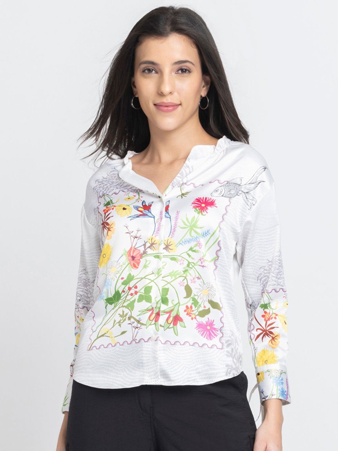 

SHAYE Floral Print Satin Shirt Style Top, White