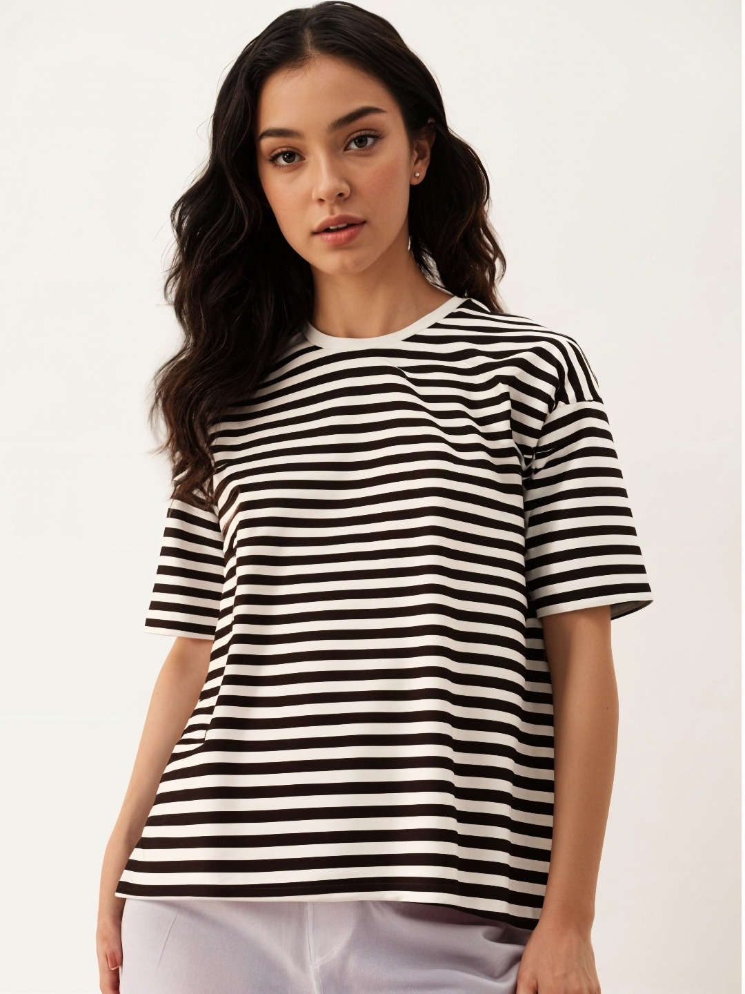 

MACK JONNEY Women Striped Round Neck Cotton Oversized T-shirt, Brown