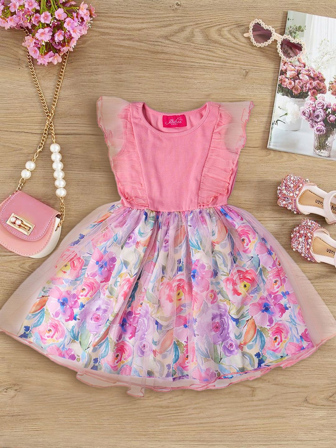 

pspeaches Girl's Floral Print Flutter Sleeve Fit & Flare Dress, Pink