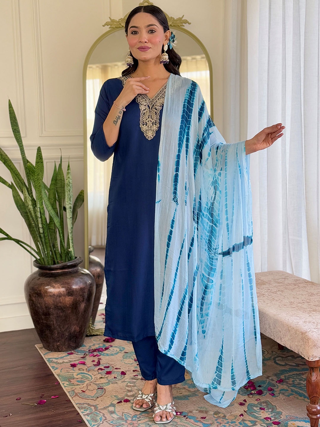 

KALINI Floral Yoke Design V-neck Straight Kurta With Trousers And Dupatta, Teal