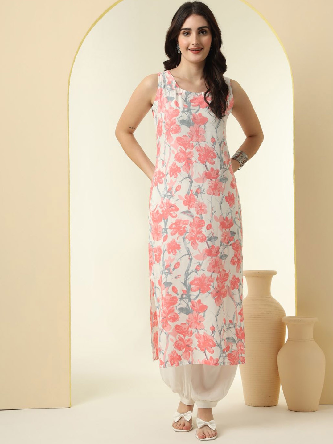 

KALINI Floral Printed Round Neck Straight Kurta With Salwar, Pink