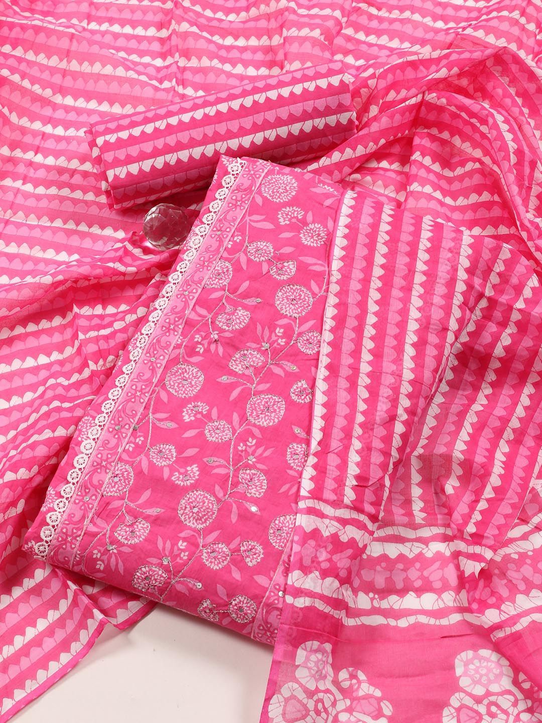 

Meena Bazaar Floral Printed Unstitched Dress Material, Pink
