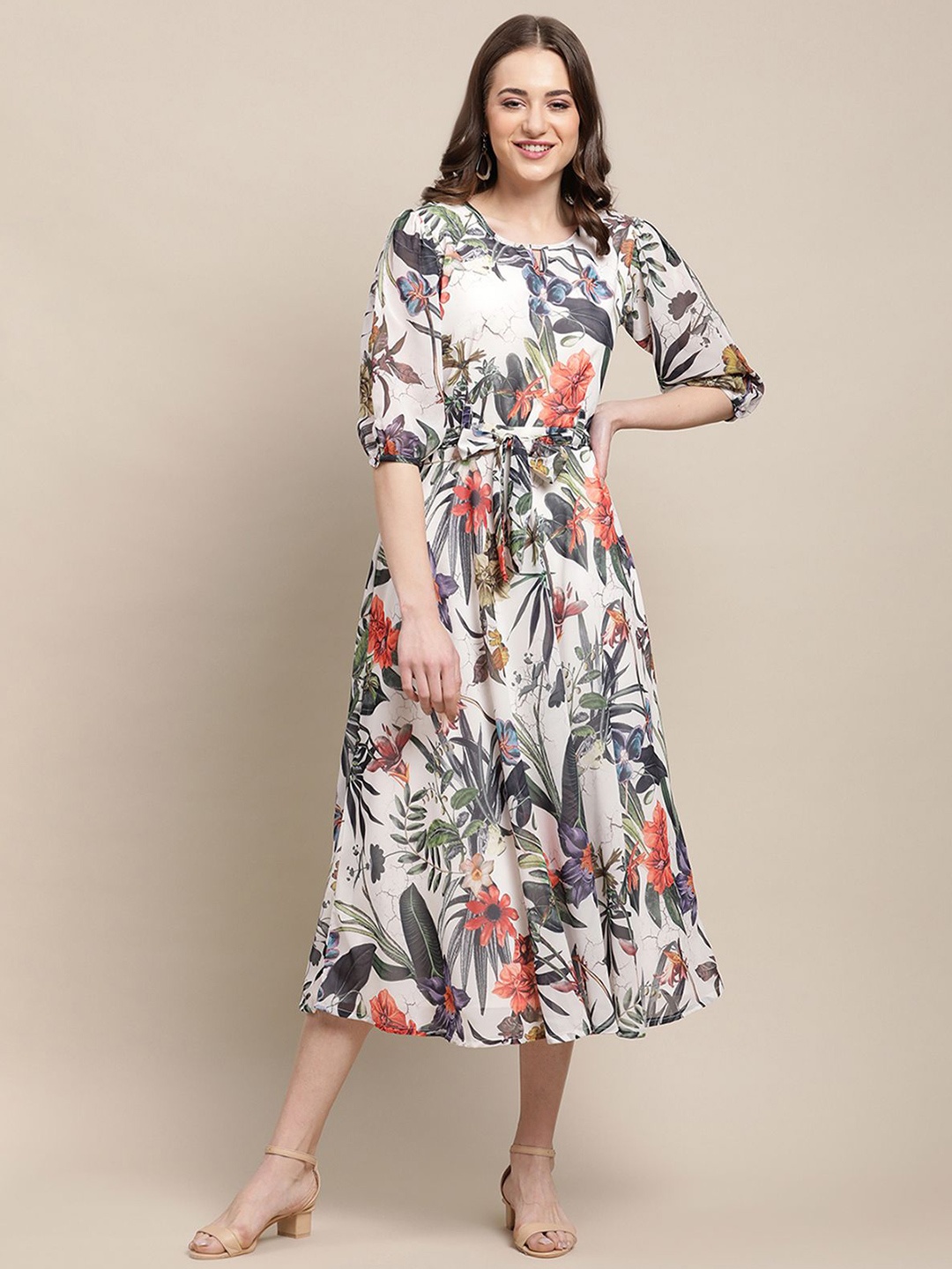 

Tromko Floral Printed Georgette Fit & Flare Midi Dress, White