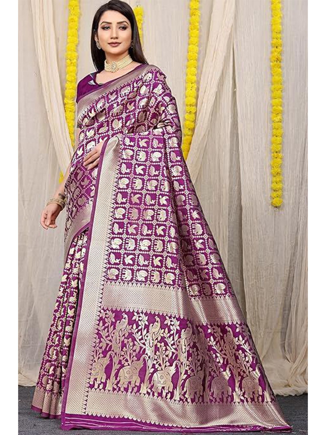 

Florence Woven Design Zari Pure Silk Kanjeevaram Saree, Burgundy