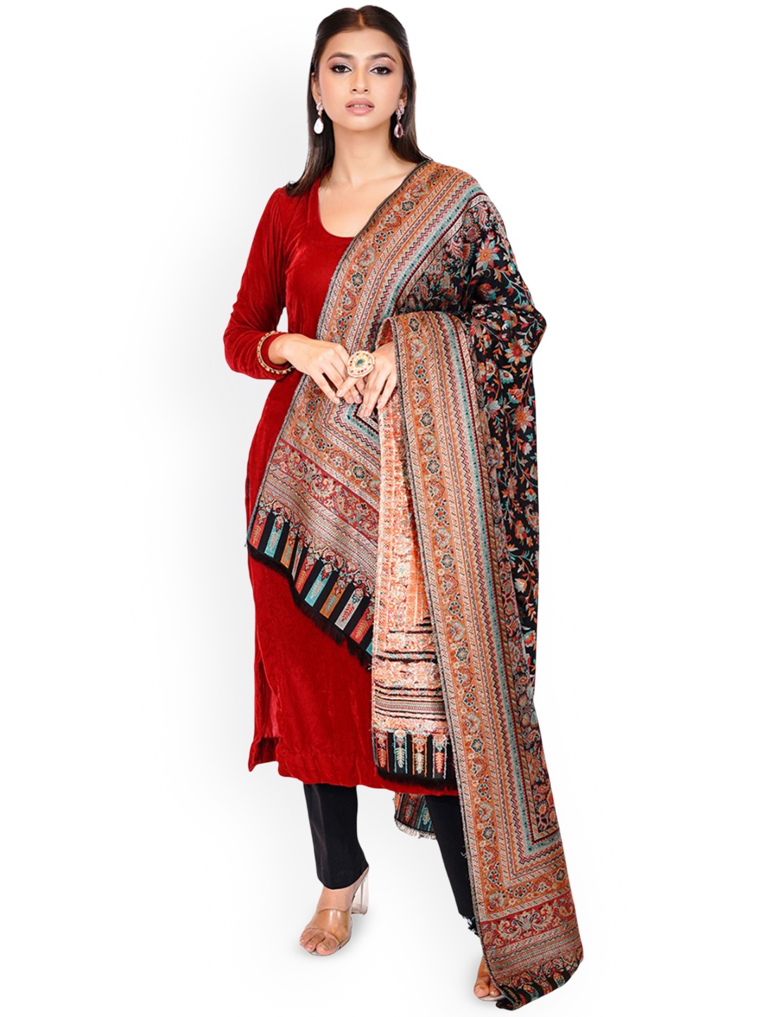 

PASHMAL INDIA PRIVATE LIMITED Floral Printed Woollen Shawl, Black