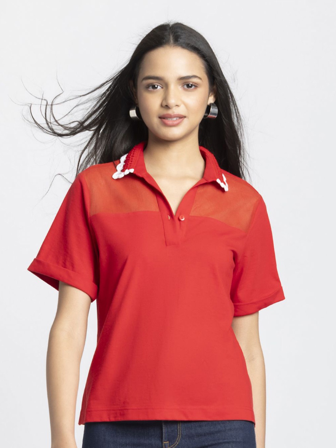 

SHAYE Red Embroidered Shirt Collar Short Sleeves Casual Tops For Women
