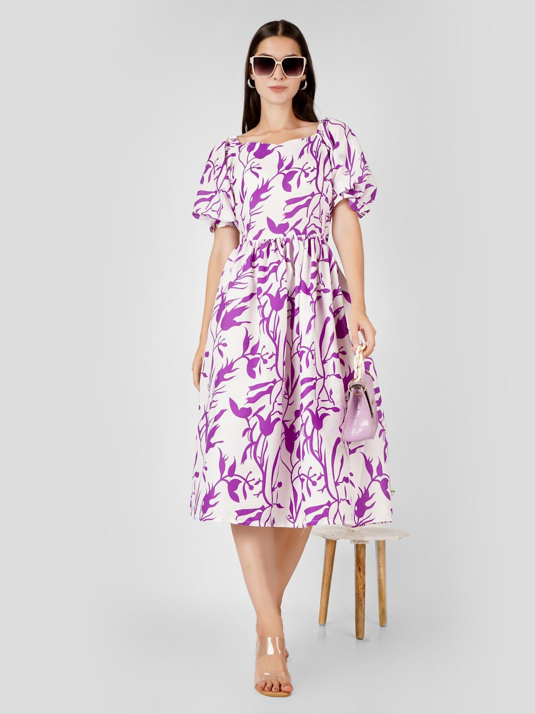 

Milastru Printed Square Neck Puff Sleeves Fit and Flare Midi Dress, White