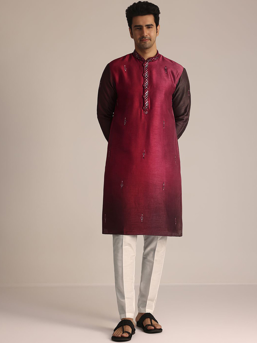 

KALKI Fashion Geometric Embroidered Mirror Work Kurta With Trousers, Red