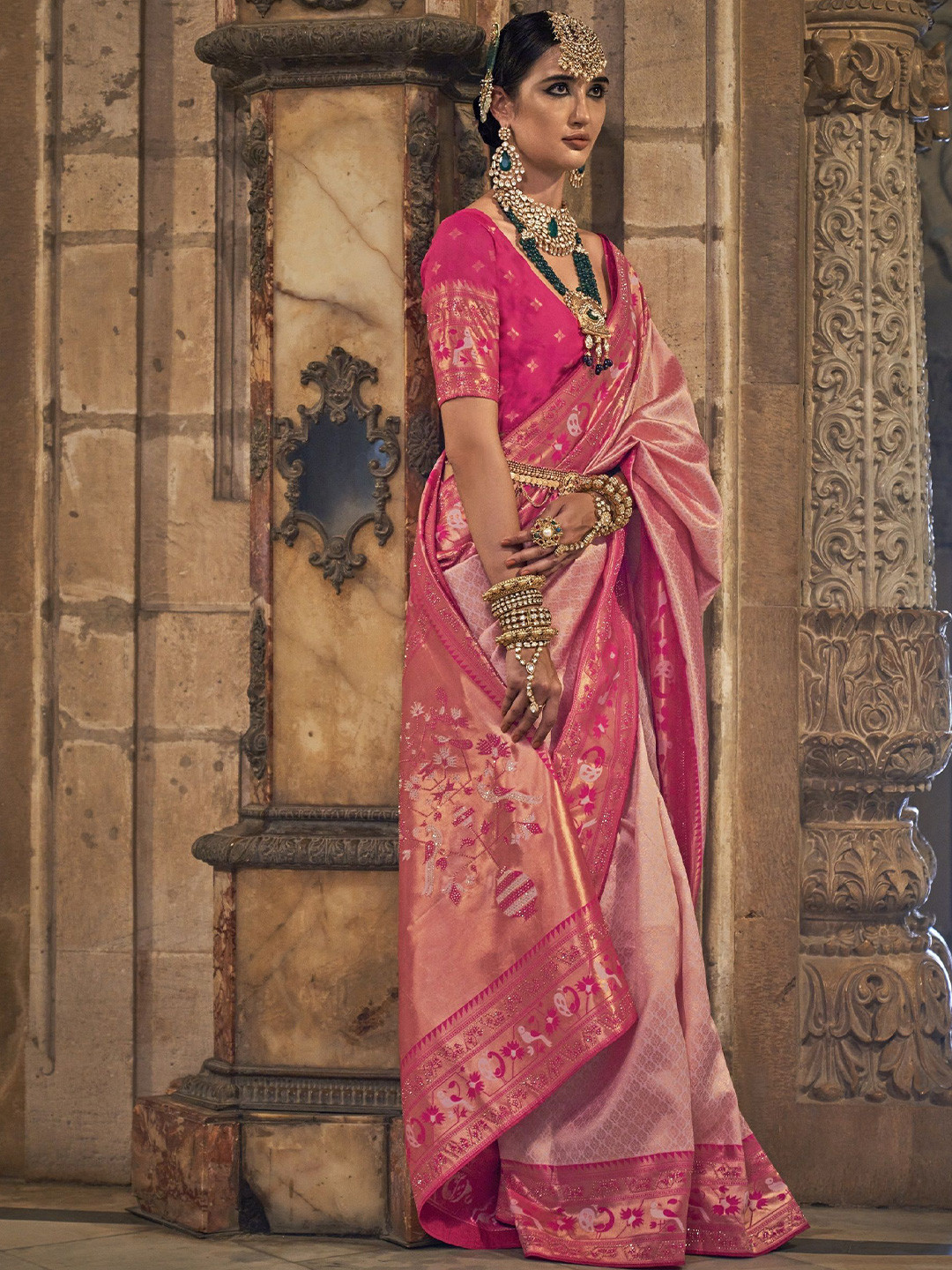 

MAHALASA Woven Design Zari Pure Silk Paithani Saree, Pink