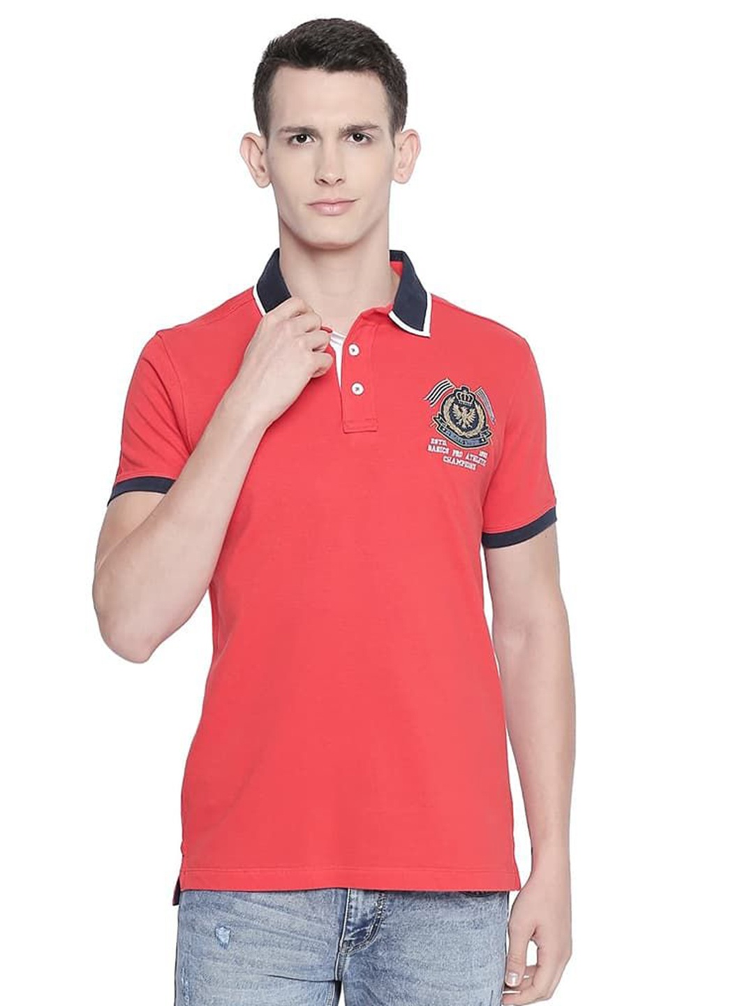 

Basics Men Typography Printed Polo Collar Cotton T-shirt, Pink