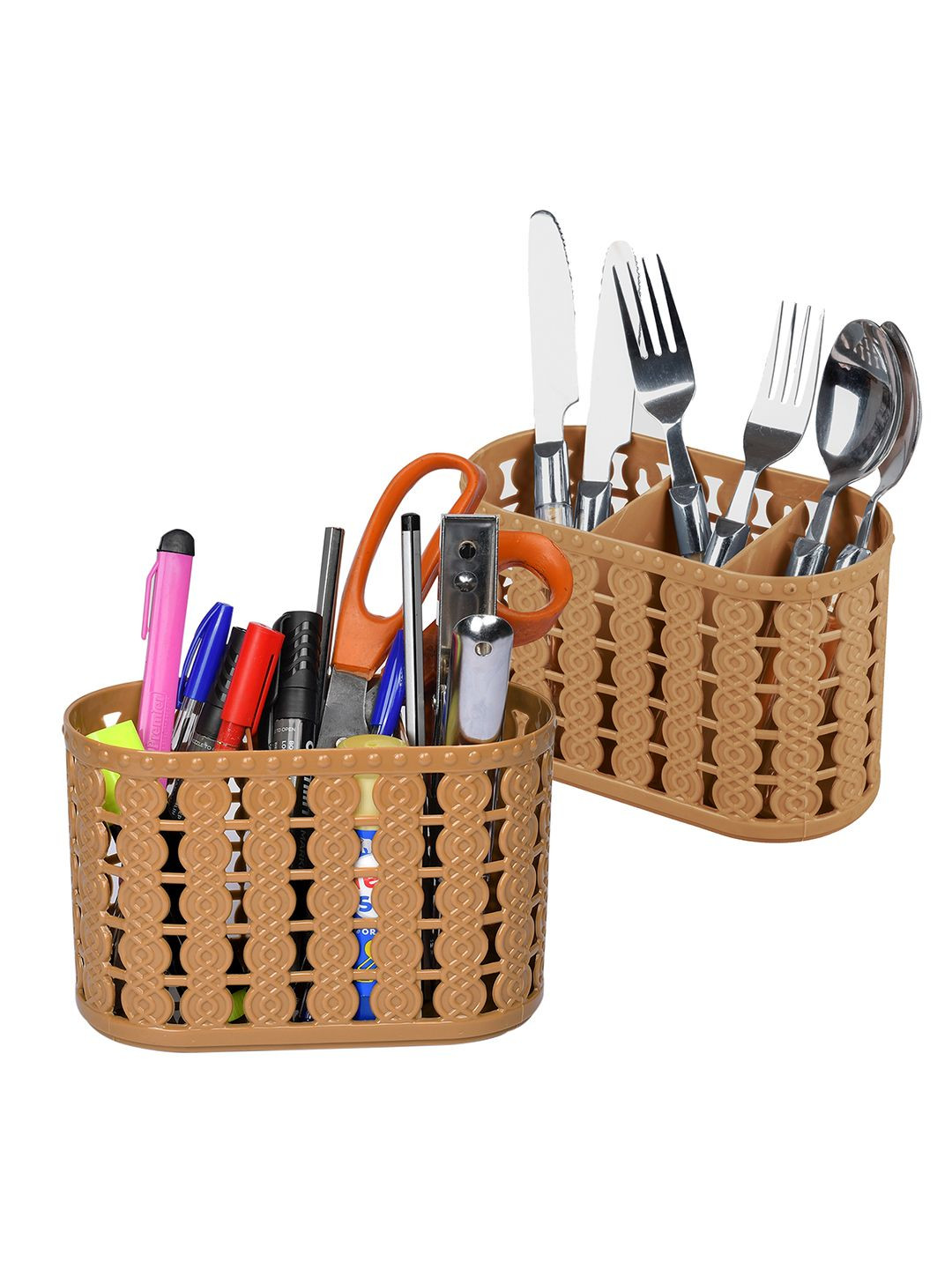 

Kuber Industries Beige Pack of 2 Self Design Stationery Organizer With 3 Compartments